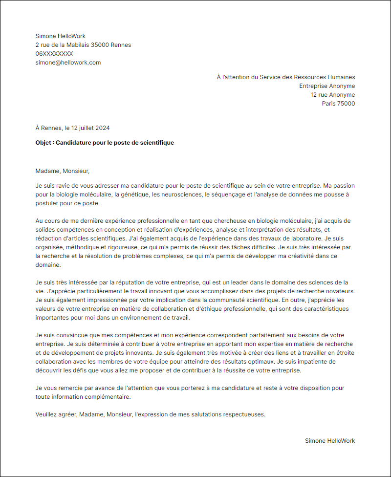 Modèle lettre de motivation en tant que Scientifique Exemple lettre de motivation en tant que Scientifique