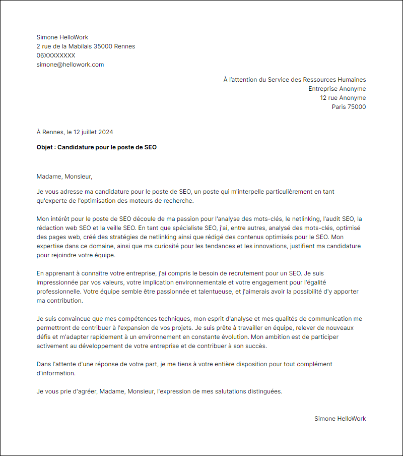 Modèle lettre de motivation en tant que Seo Exemple lettre de motivation en tant que Seo