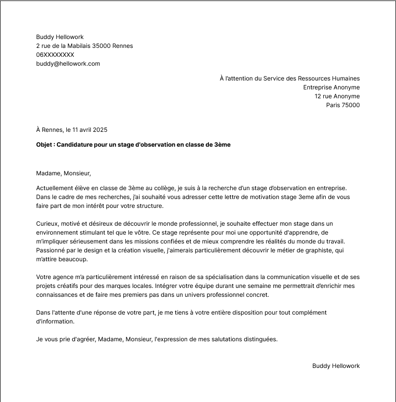 Modèle lettre de motivation Stage 3ème Exemple lettre de motivation Stage 3ème