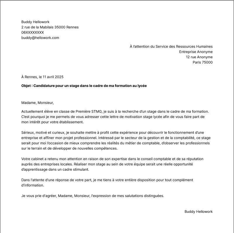 Modèle lettre de motivation Stage lycée Exemple lettre de motivation Stage lycée