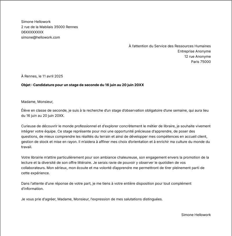 Modèle lettre de motivation Stage de seconde Exemple lettre de motivation Stage de seconde