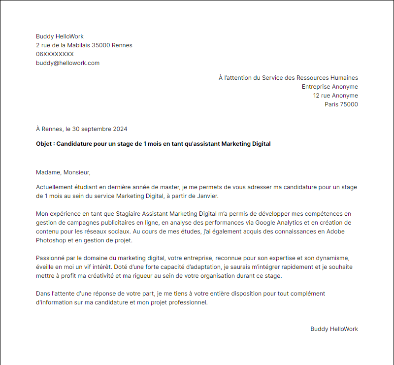 Modèle lettre de motivation Stage Exemple lettre de motivation Stage