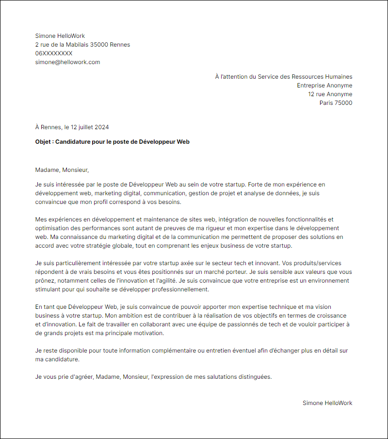 Modèle lettre de motivation pour le secteur Start Up Exemple lettre de motivation pour le secteur Start Up