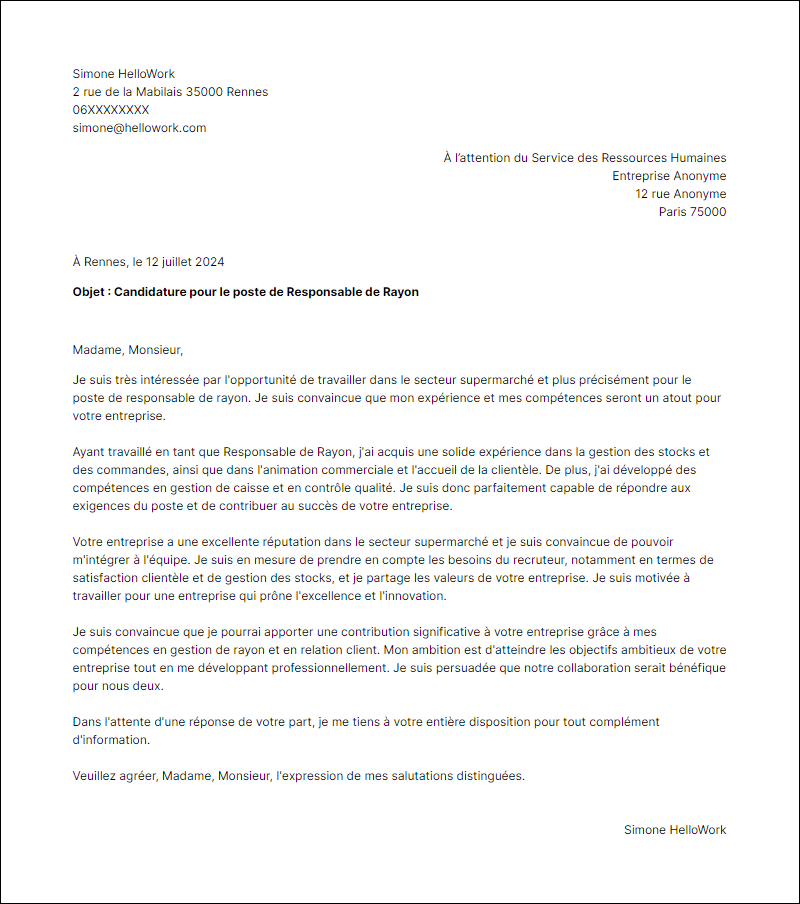 Modèle lettre de motivation pour le secteur Supermarché Exemple lettre de motivation pour le secteur Supermarché