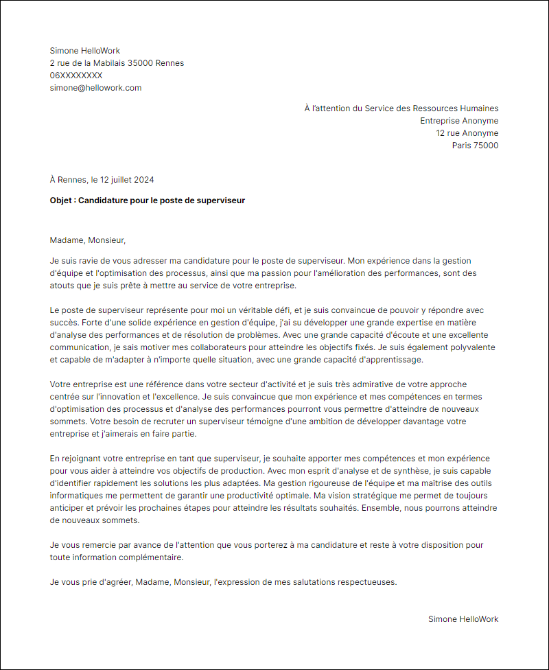 Modèle lettre de motivation en tant que Superviseur Exemple lettre de motivation en tant que Superviseur