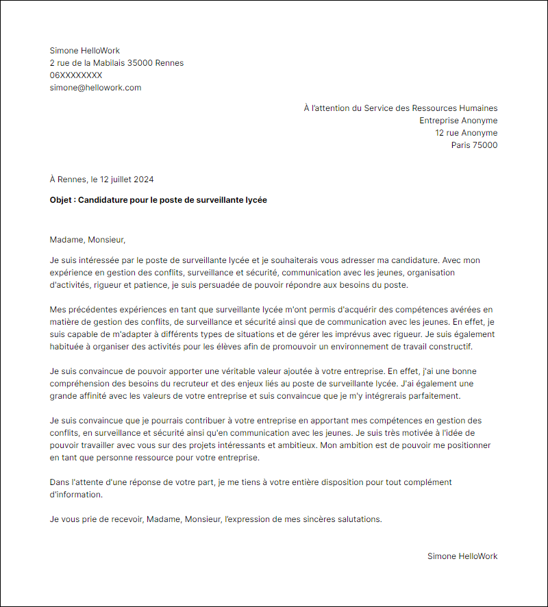 Modèle lettre de motivation en tant que Surveillant Lycee Exemple lettre de motivation en tant que Surveillant Lycee