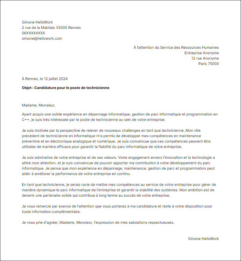 Modèle lettre de motivation en tant que Technicien Exemple lettre de motivation en tant que Technicien