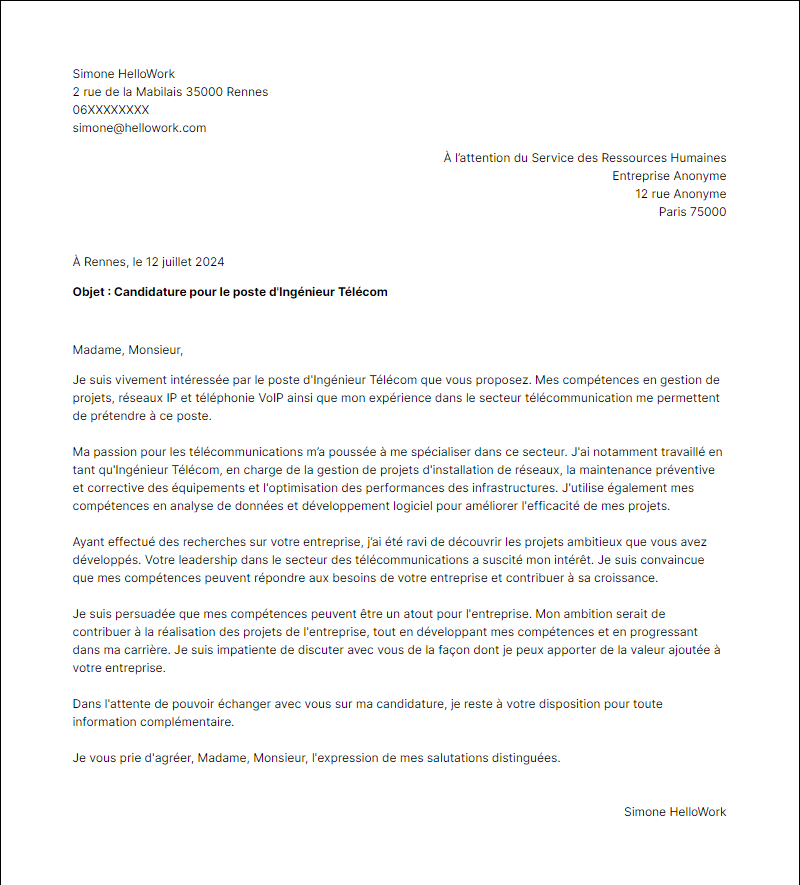 Modèle lettre de motivation pour le secteur Télécommunication Exemple lettre de motivation pour le secteur Télécommunication