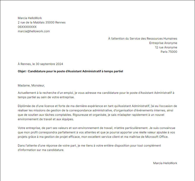 Modèle lettre de motivation Temps Partiel Exemple lettre de motivation Temps Partiel