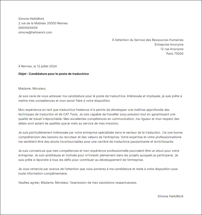 Modèle lettre de motivation pour le secteur Traduction Exemple lettre de motivation pour le secteur Traduction