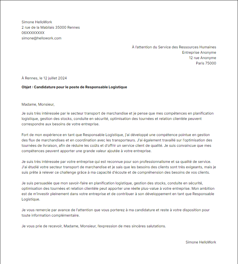 Modèle lettre de motivation pour le secteur Transport de marchandise Exemple lettre de motivation pour le secteur Transport de marchandise