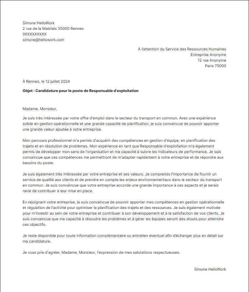 Modèle lettre de motivation pour le secteur Transport En Commun Exemple lettre de motivation pour le secteur Transport En Commun