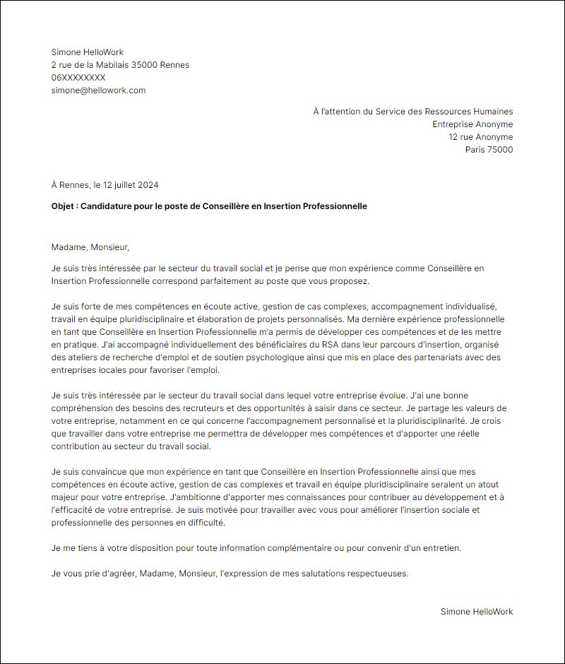 Modèle lettre de motivation pour le secteur Travail social Exemple lettre de motivation pour le secteur Travail social