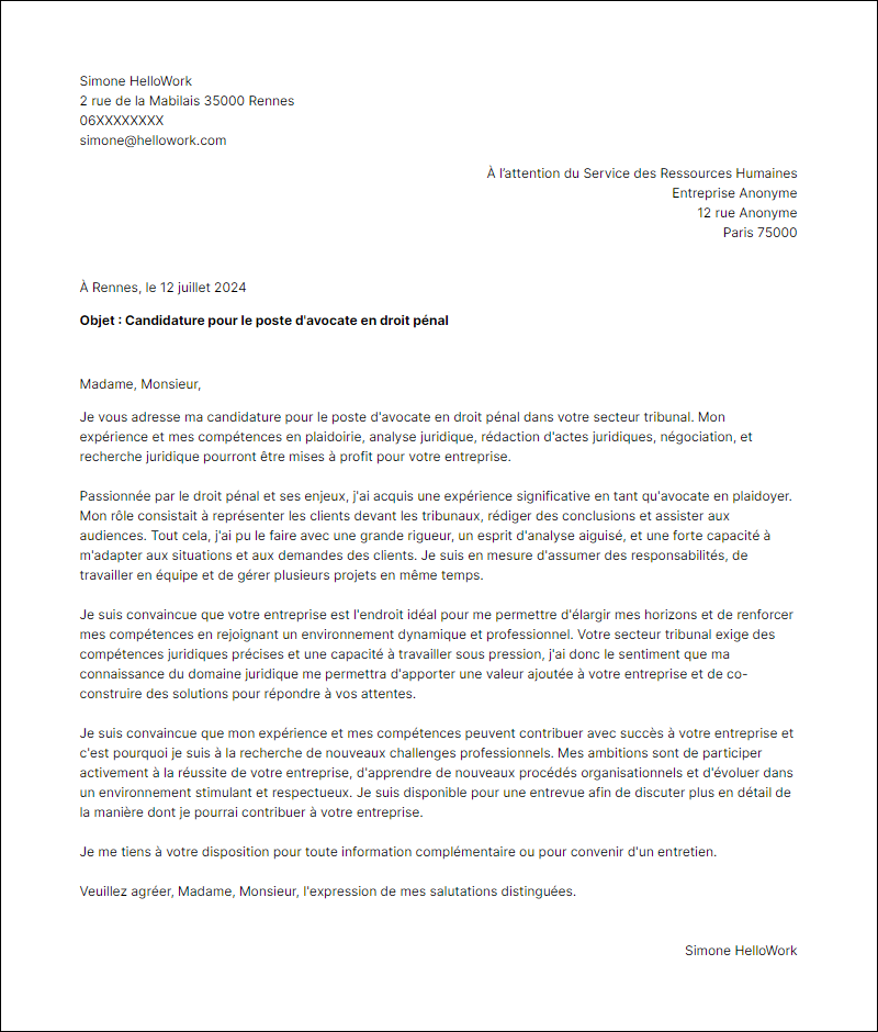 Modèle lettre de motivation pour le secteur Tribunal Exemple lettre de motivation pour le secteur Tribunal