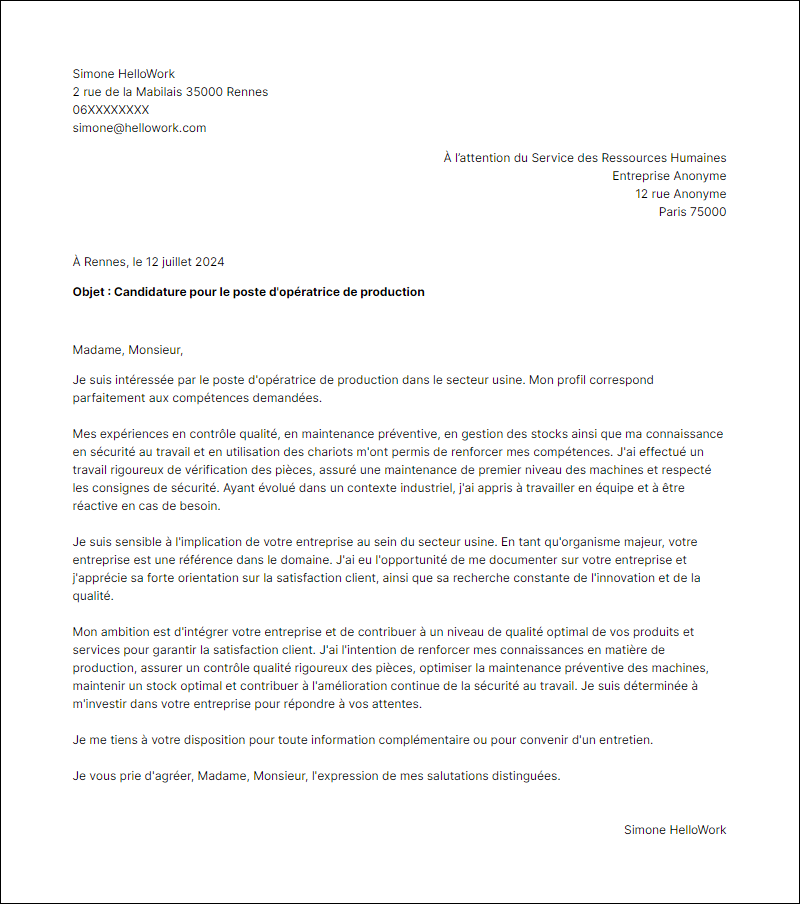 Modèle lettre de motivation pour le secteur Usine Exemple lettre de motivation pour le secteur Usine
