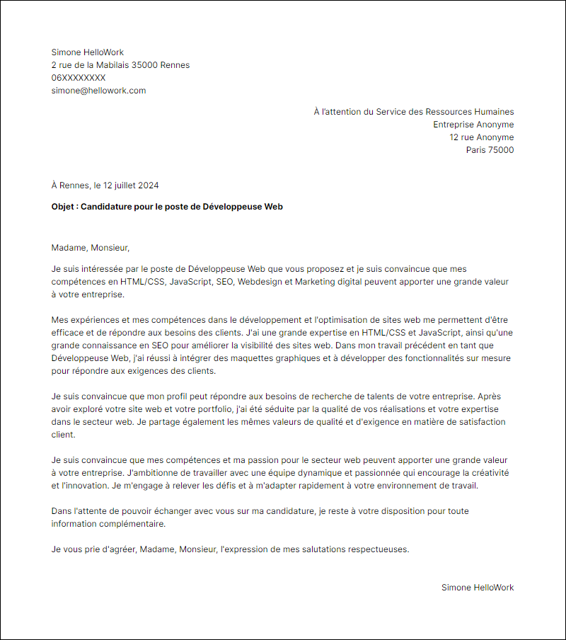 Modèle lettre de motivation pour le secteur Web Exemple lettre de motivation pour le secteur Web