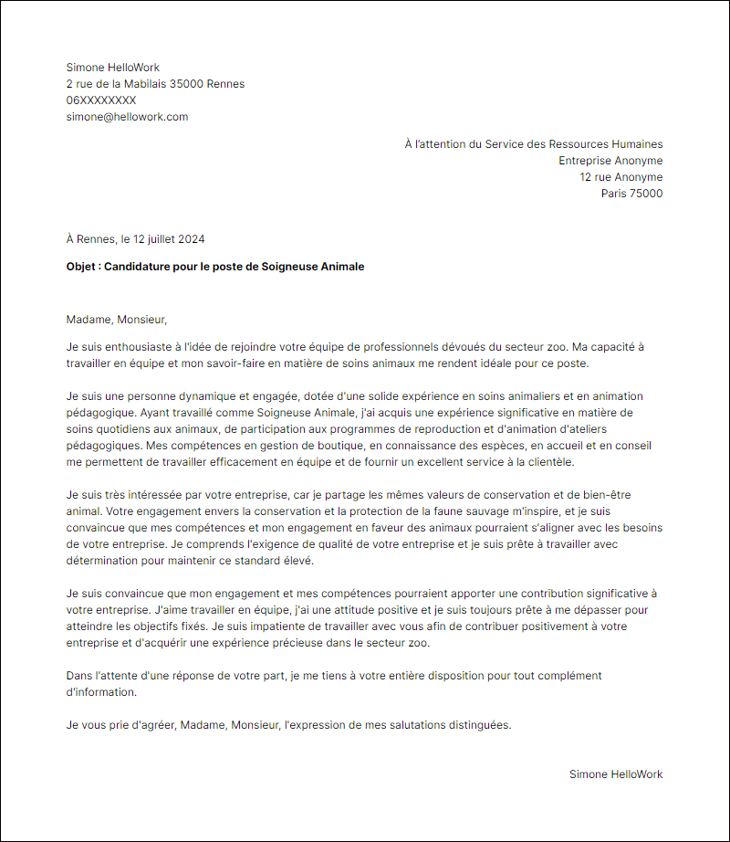 Modèle lettre de motivation pour le secteur Zoo Exemple lettre de motivation pour le secteur Zoo