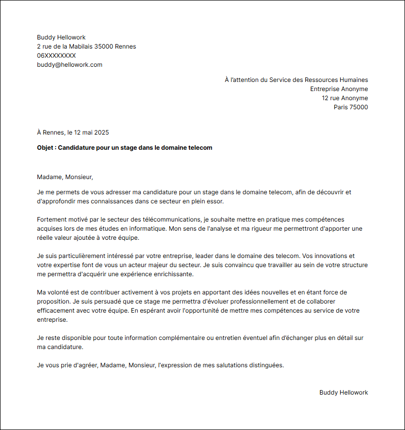 Modèle lettre de motivation pour un stage Telecom Exemple lettre de motivation pour un stage Telecom