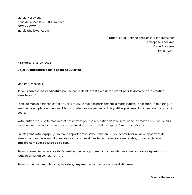 Modèle lettre de motivation 3D artist Exemple lettre de motivation 3D artist