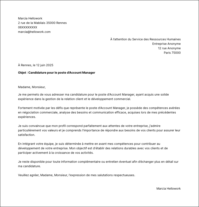 Modèle lettre de motivation Account manager Exemple lettre de motivation Account manager