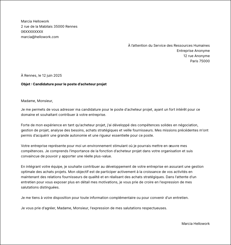 Exemple lettre de motivation Acheteur projet