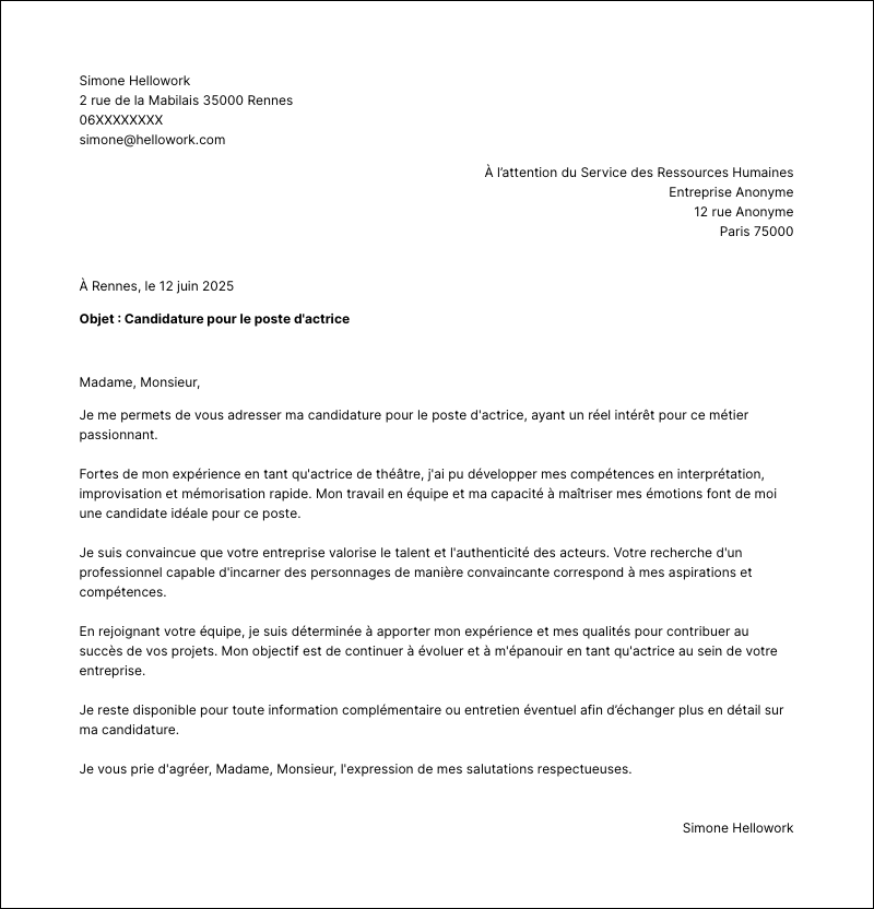 Modèle lettre de motivation Acteur Exemple lettre de motivation Acteur