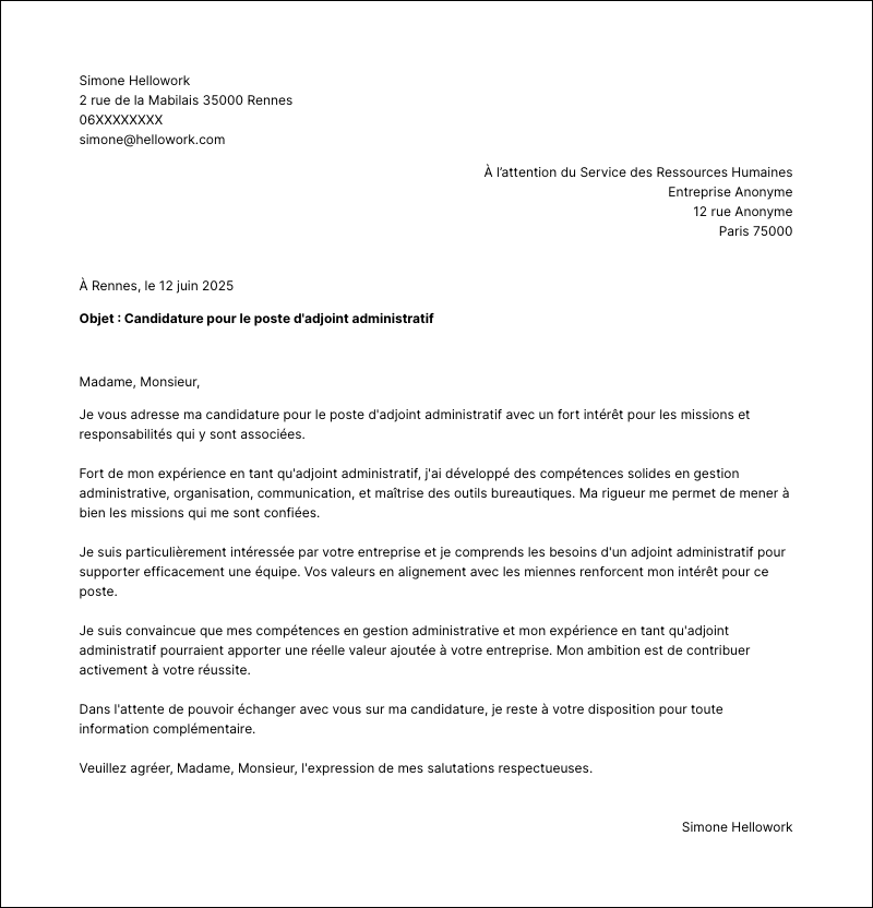 Modèle lettre de motivation Adjoint administratif Exemple lettre de motivation Adjoint administratif