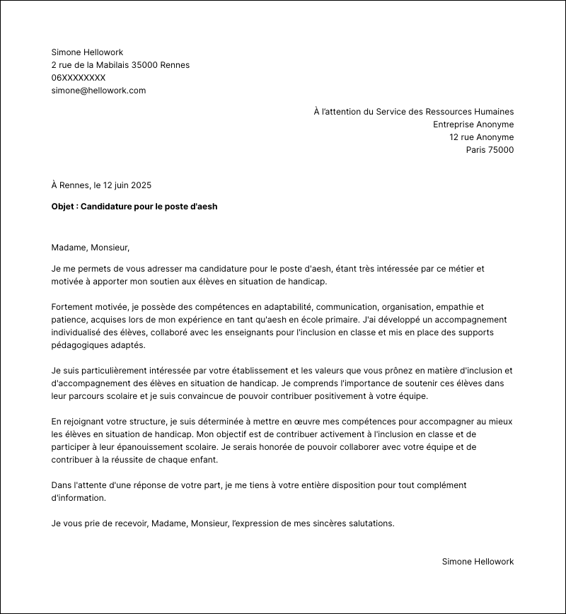 Modèle lettre de motivation AESH Exemple lettre de motivation AESH