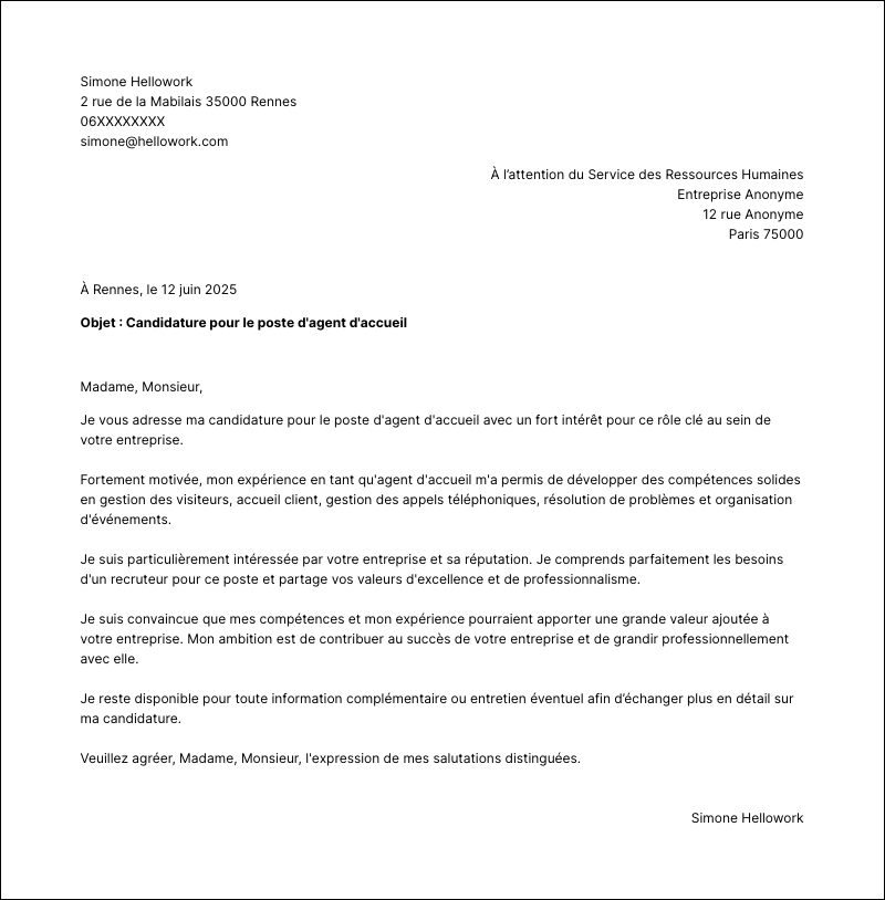 Modèle lettre de motivation Agent d'accueil Exemple lettre de motivation Agent d'accueil
