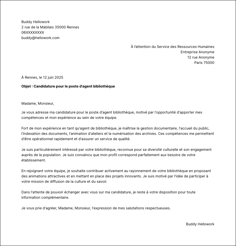 Exemple lettre de motivation Agent bibliothèque