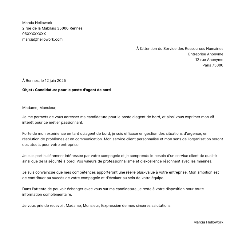 Modèle lettre de motivation Agent de bord Exemple lettre de motivation Agent de bord