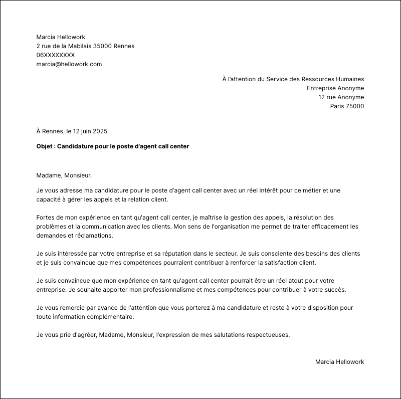 Exemple lettre de motivation Agent call center