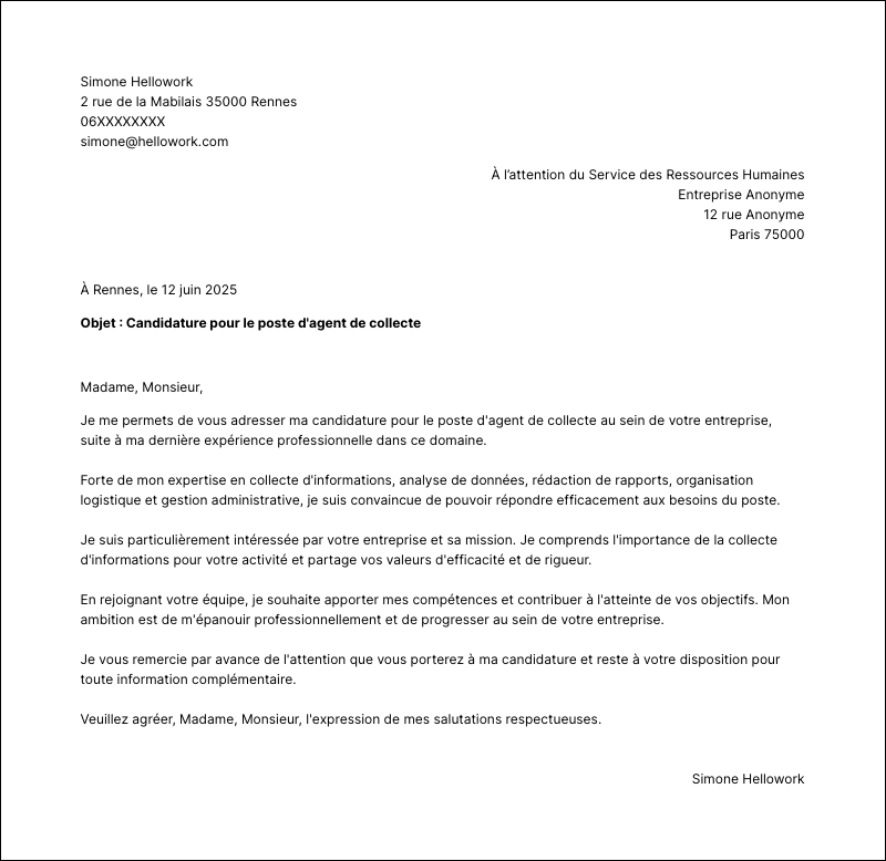 Modèle lettre de motivation Agent de collecte Exemple lettre de motivation Agent de collecte