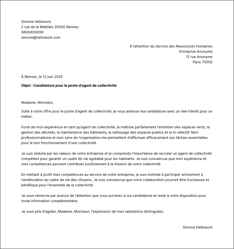 Modèle lettre de motivation Agent de collectivité Exemple lettre de motivation Agent de collectivité
