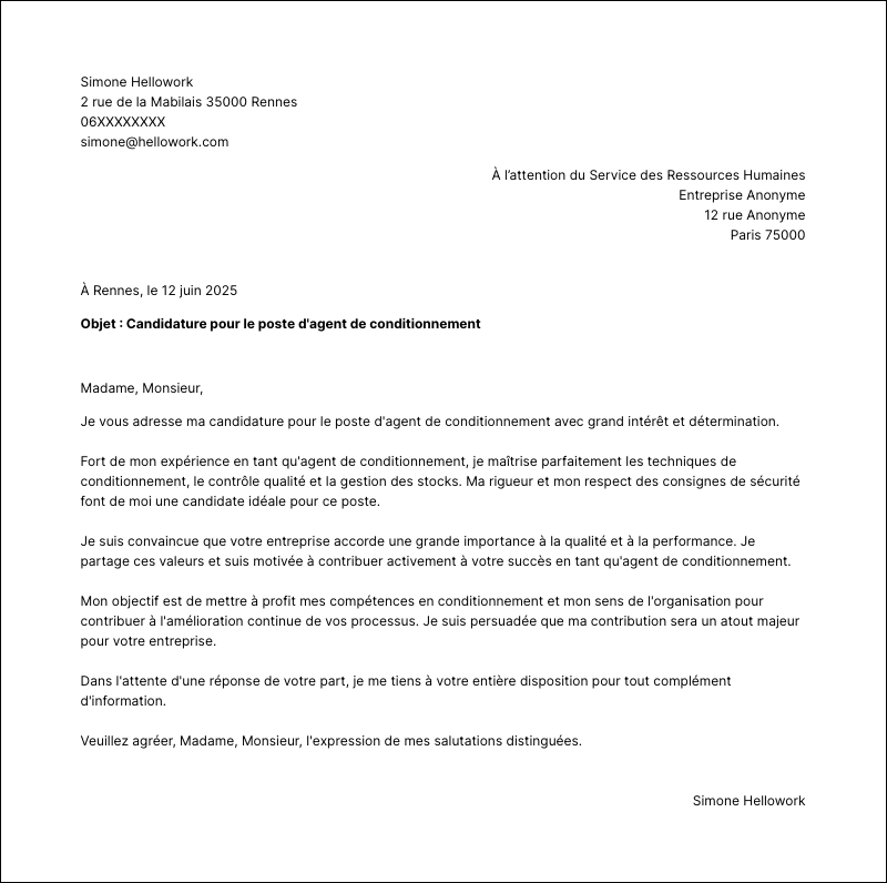 Modèle lettre de motivation Agent de conditionnement Exemple lettre de motivation Agent de conditionnement