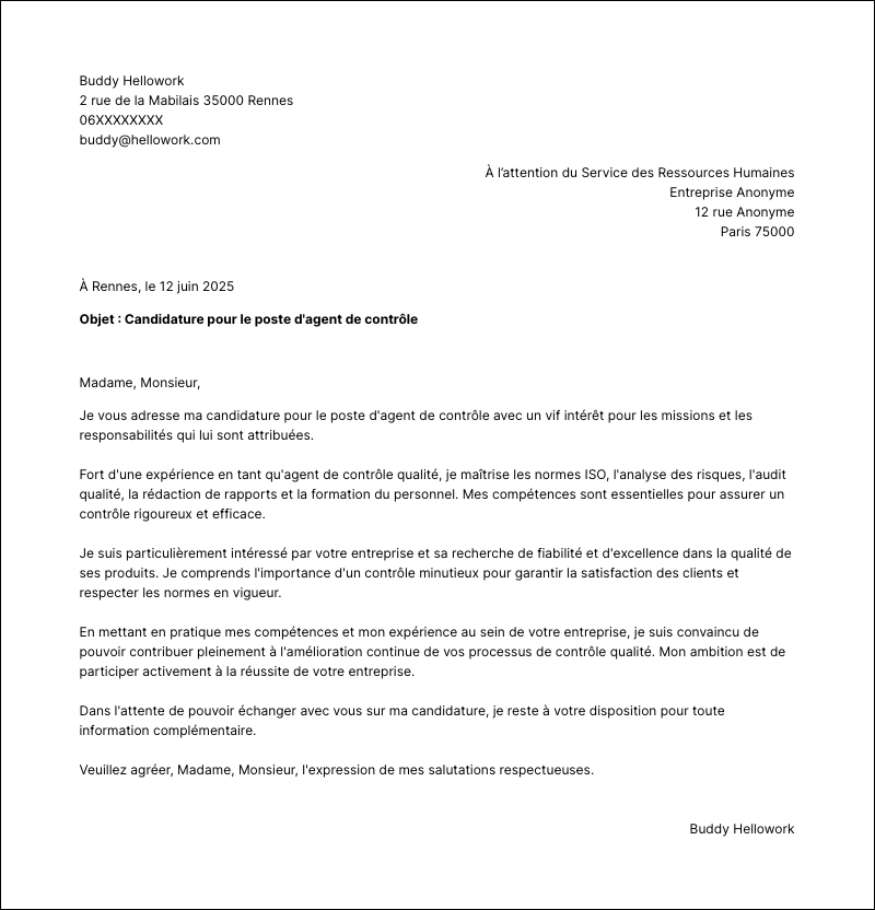 Exemple lettre de motivation Agent de contrôle