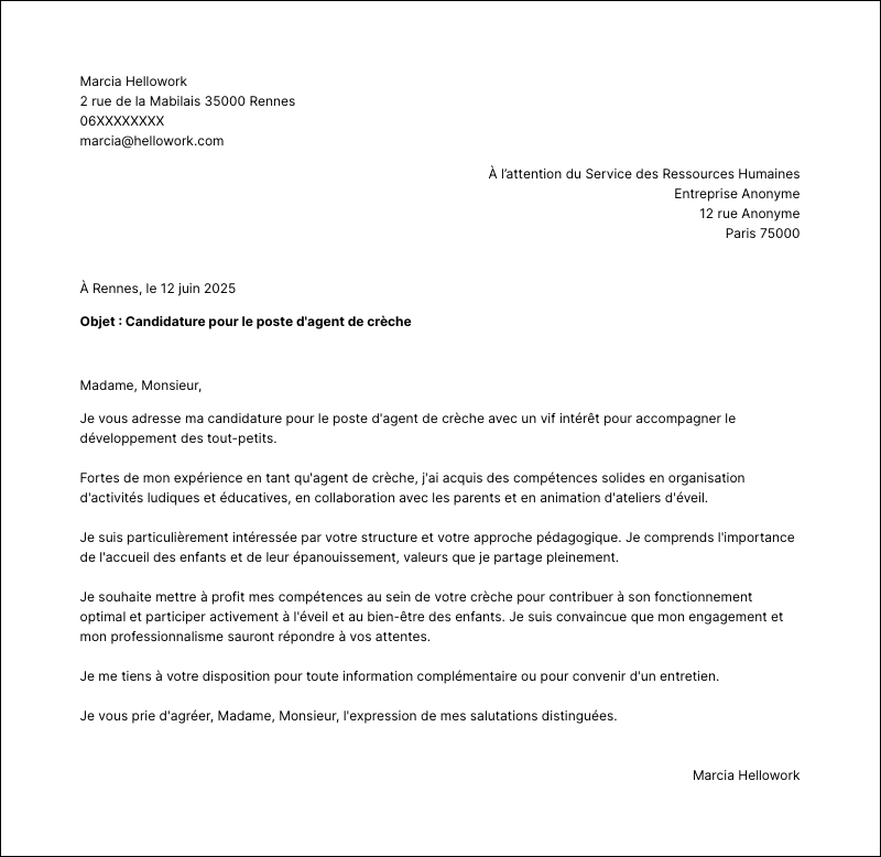 Modèle lettre de motivation Agent de crèche Exemple lettre de motivation Agent de crèche