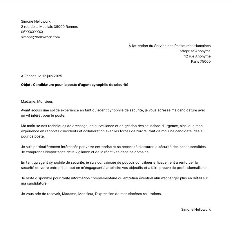 Exemple lettre de motivation Agent cynophile de sécurité