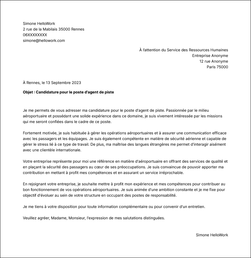 Modèle lettre de motivation Agent de piste Exemple lettre de motivation Agent de piste