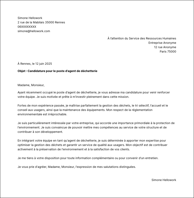 Modèle lettre de motivation Agent de déchetterie Exemple lettre de motivation Agent de déchetterie