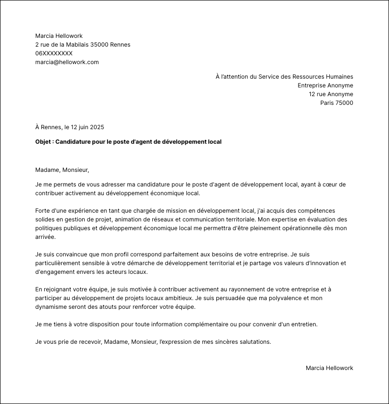 Modèle lettre de motivation Agent de développement local Exemple lettre de motivation Agent de développement local