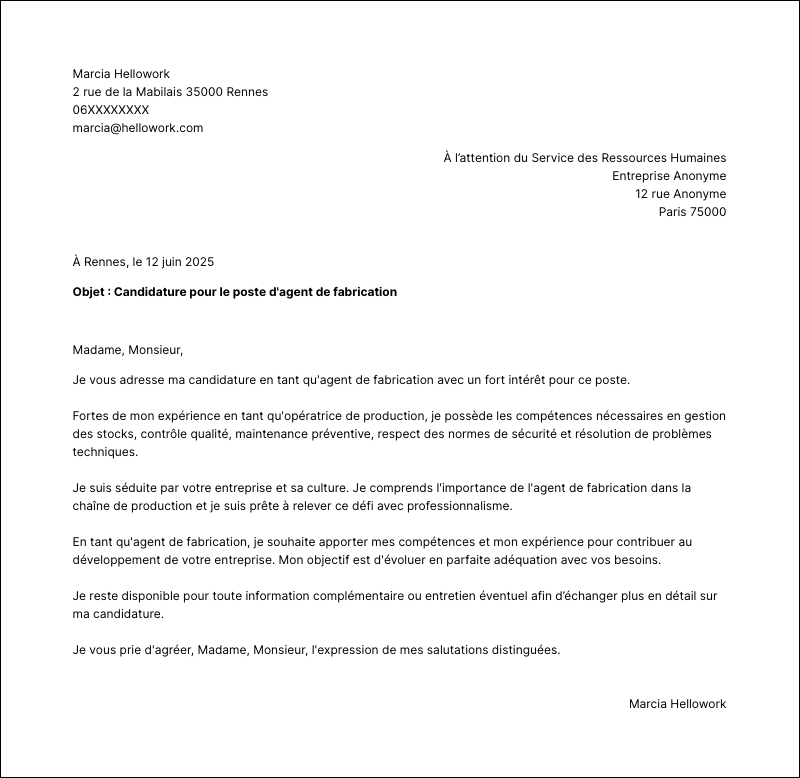 Exemple lettre de motivation Agent de fabrication