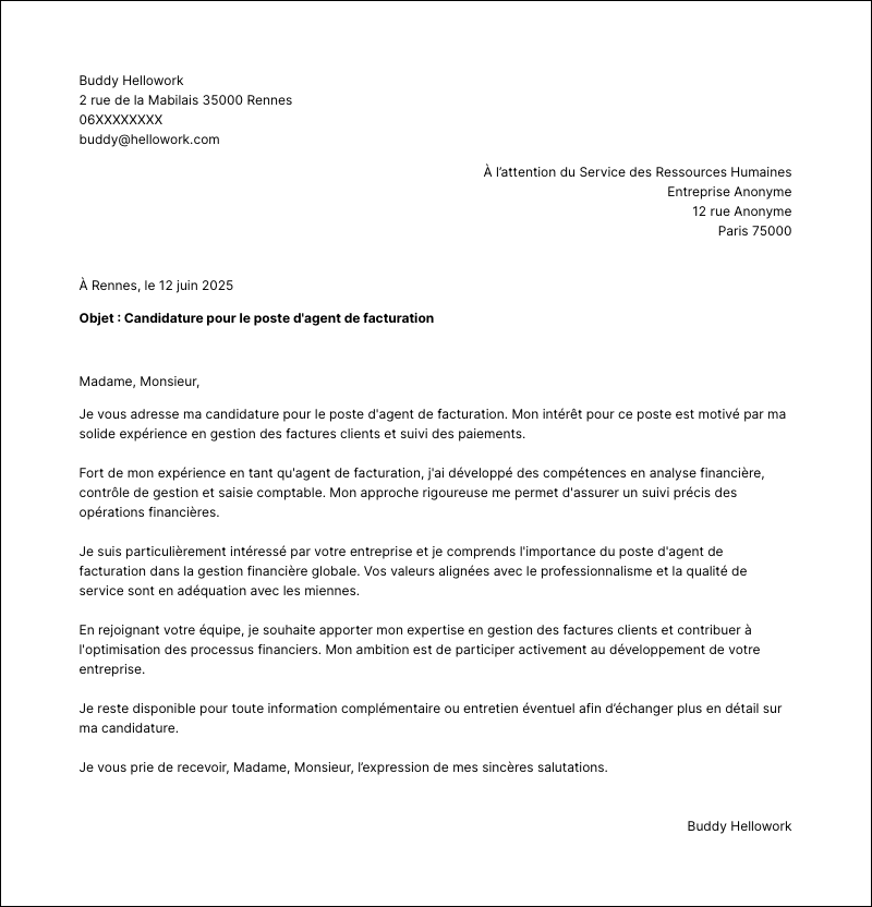 Exemple lettre de motivation Agent de facturation