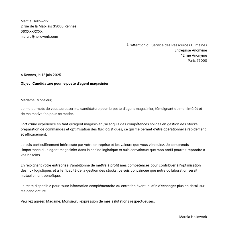 Modèle lettre de motivation Agent magasinier Exemple lettre de motivation Agent magasinier