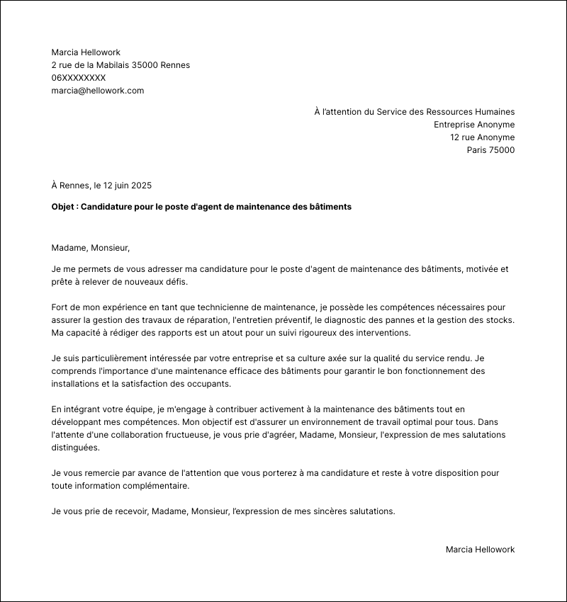 Modèle lettre de motivation Agent de maintenance des bâtiments Exemple lettre de motivation Agent de maintenance des bâtiments