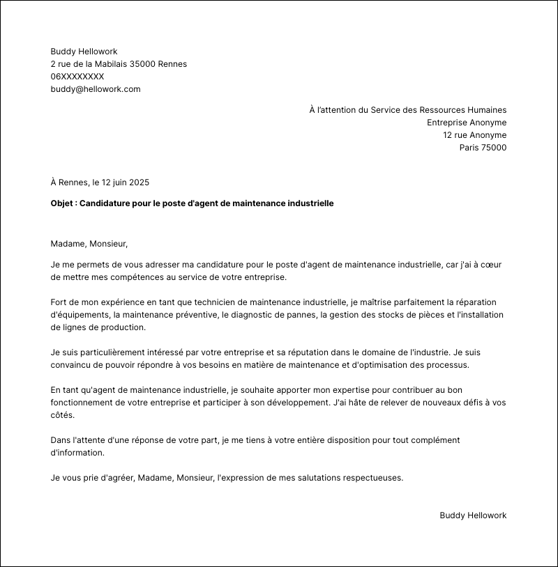 Modèle lettre de motivation Agent de maintenance industrielle Exemple lettre de motivation Agent de maintenance industrielle