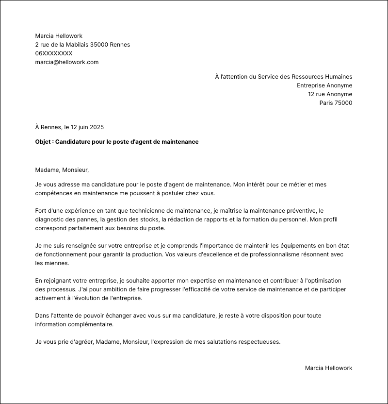 Modèle lettre de motivation Agent de maintenance Exemple lettre de motivation Agent de maintenance