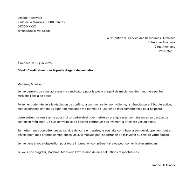 Modèle lettre de motivation Agent de médiation Exemple lettre de motivation Agent de médiation