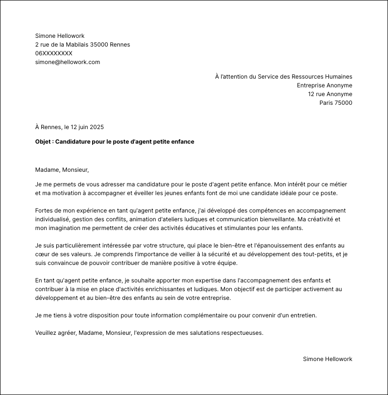 Modèle lettre de motivation Agent petite enfance Exemple lettre de motivation Agent petite enfance