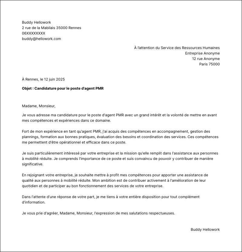 Exemple lettre de motivation Agent PMR